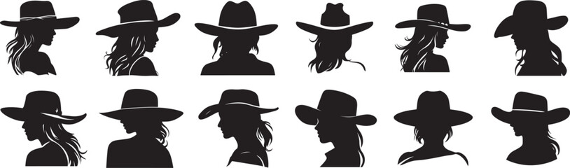 Set of woman's head wearing cowboy hat - obrazy, fototapety, plakaty