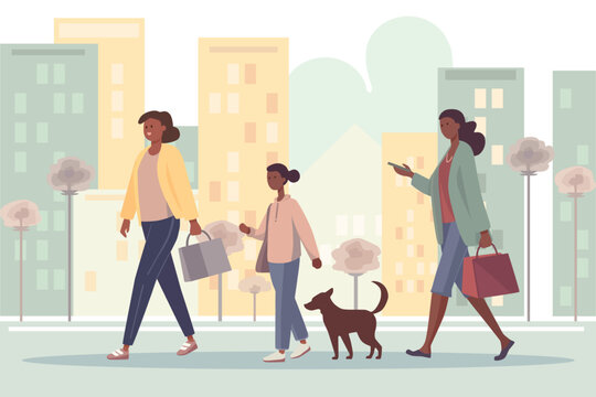 People Walk. Flat Characters Walking. A Mom And Daughter With Dog Are Walking Down The Street,woman Looking At The Phone Goes About Her Business Color Cartoon Characters