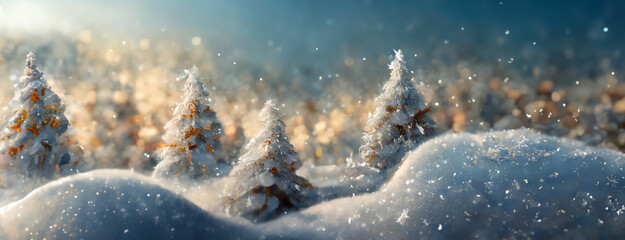 Winter snowy coniferous forest fairy landscape at sunny day background. Happy New Year or Christmas...