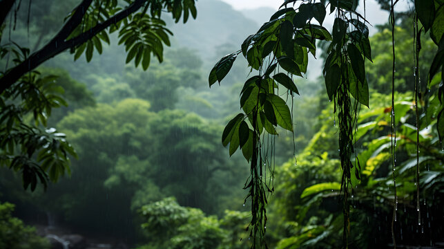 A photo of lush rainforests, with vibrant foliage as the background, during a tropical downpour