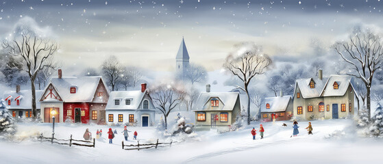 Christmas card, village houses in winter snow landscape,kids making snowman, snowflakes falling from sky