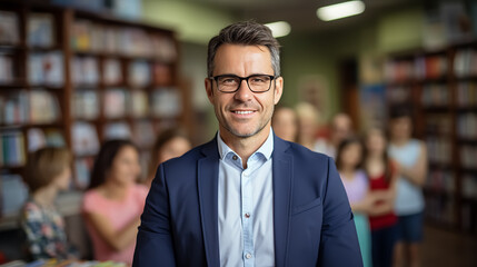 Belt portrait of smiling male teacher in a class at school or university. Looking at camera with learning students on background. High quality.