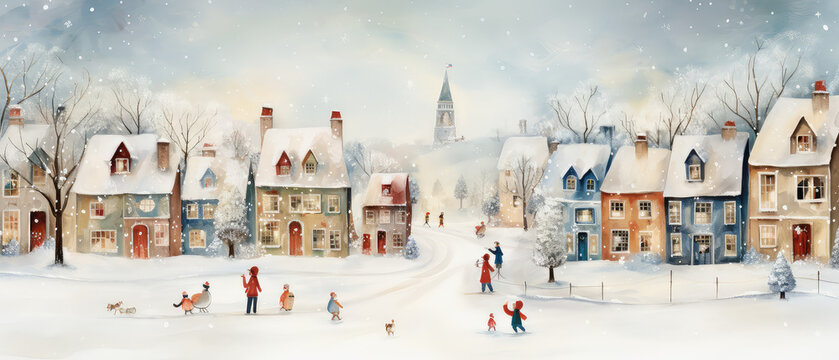 Christmas card, village houses in winter snow landscape,kids making snowman, snowflakes falling from sky