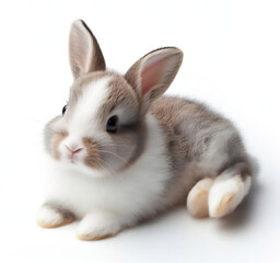 Obraz premium White and grey bunny lying down, isolated on white background