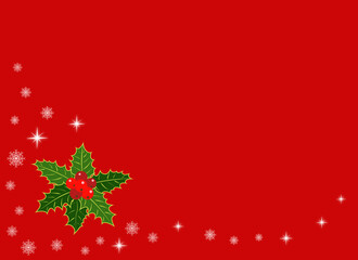 Christmas red background with holly leaf and snowflakes with copy space for text.