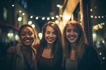 Embracing Diversity: Multicultural Friends Come Together for a Night Out Filled with Happiness, Fun, Laughter, and the Joy of Bonding, Celebrating the Beauty of Friendship in All Its Forms - obrazy, fototapety, plakaty