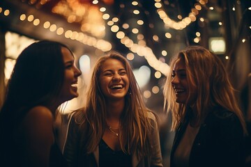 Embracing Diversity: Multicultural Friends Come Together for a Night Out Filled with Happiness, Fun, Laughter, and the Joy of Bonding, Celebrating the Beauty of Friendship in All Its Forms - obrazy, fototapety, plakaty