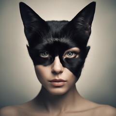 Biała kobieta czarny kot - obrazy, fototapety, plakaty