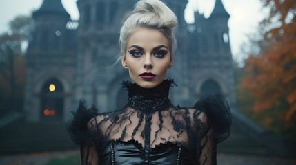 Fototapeta premium Woman in vintage party costume standing in front of a castle and starring 