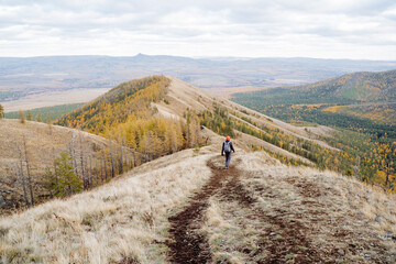 Fototapeta premium Beautiful autumn landscape, man descending from the mountain, rear view, black path walking on top of the hill, trekking in the mountains, nature vacation.