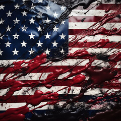 USA flag with red blood and paint symbole of America and its struggel with war death terrorism fabric stain. 