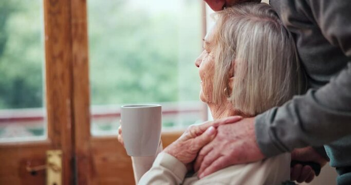 Home, holding hands and senior couple with support, coffee and love with healing, rehabilitation and recovery. Apartment, pensioner and elderly man with old woman, cancer and dementia in a lounge