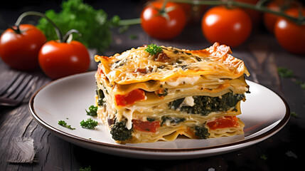 vegetable lasagna served on a white plate wooden background