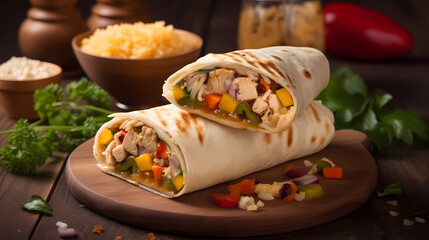 Chicken Burritos with chicken and vegetables at wooden table