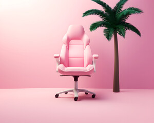 Gaming chair under a palm tree, pastel pink summer holiday and relaxation composition.