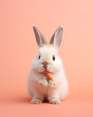 White adorable bunny with carrot in mouth, Easter holidays traditional greeting card.