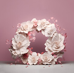 Wreath of flowers, creative floral sculptural composition against pastel pink background.