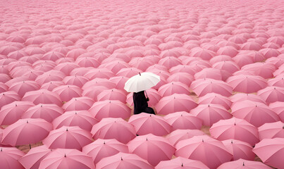 Fototapeta premium A woman in black carries a white umbrella in a crowd of pink umbrellas, creative aesthetic concept, standing out in the crowd, being unique and your own.