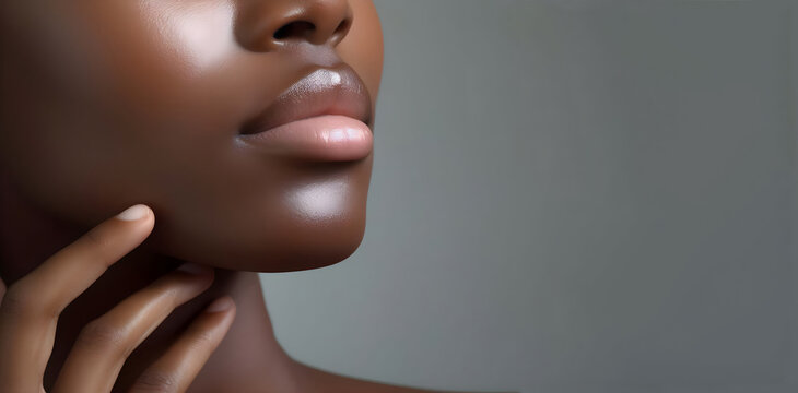 Close up of woman with dark skin tone, healthy beautiful skin on gray background, copy space.
