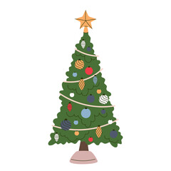 Christmas tree decorated with festive baubles, holiday garland, star topper. Xmas fir with winter decoration, ornaments.