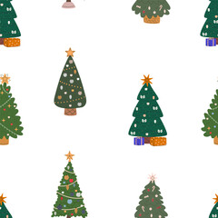 Christmas Seamless Pattern. Merry Christmas Background. Winter Holiday Pattern Design with Trees.