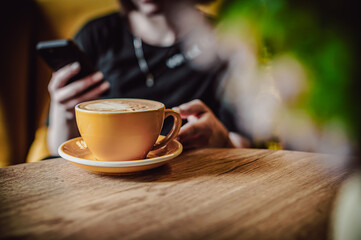 young woman's hands holding mobile smart phone sitting in cafe with cup of cappuccino coffee