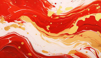 Marble ink painting texture on a luxury background banner  - Red waves, swirls, gold painted splashes, 3d lines. AI generated.