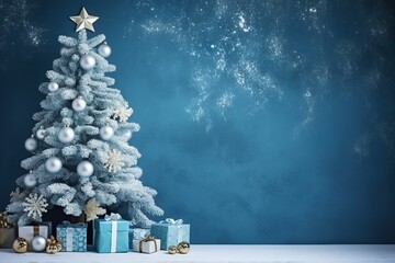 Beautiful Christmas tree with gifts near blue textured wall. Monochrome empty living room. Wall scene mockup. Winter background, Generative Ai 