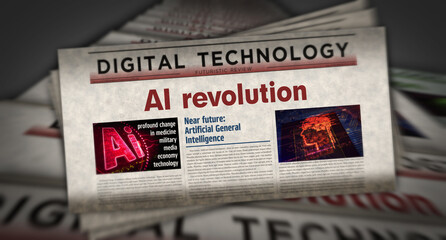 AI revolution and artificial intelligence technology newspaper printing media - obrazy, fototapety, plakaty