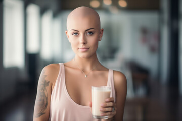 Portrait photo of a beautiful young bald woman drinking a shake. - Powered by Adobe