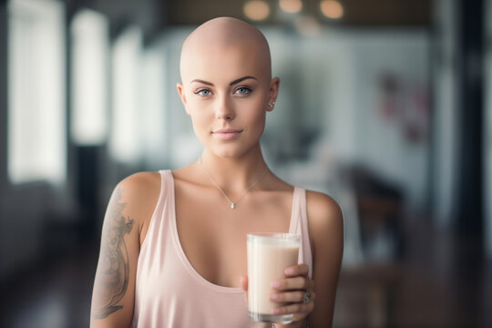 Portrait photo of a beautiful young bald woman drinking a shake.