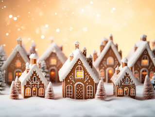 Christmas village of gingerbread houses in neutral tones. Celebrating Christmas. New Year's celebration.