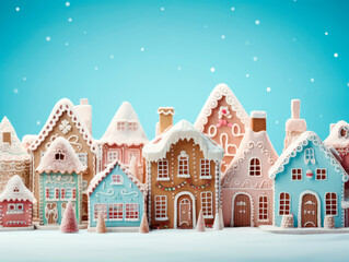Christmas village of gingerbread houses in blue tones. Celebrating Christmas. New Year's celebration. 