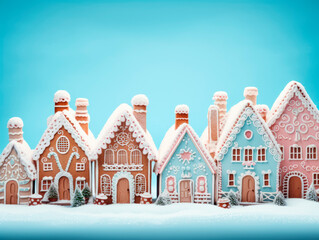 Christmas village of gingerbread houses in blue tones. Celebrating Christmas. New Year's celebration. 