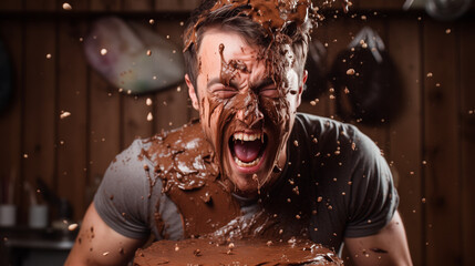 Screaming man with chocolate pudding on his face, caught on rapid camera