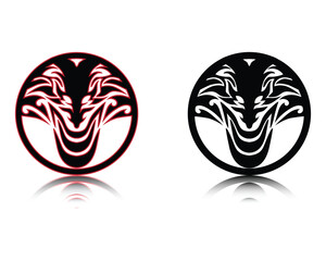 vector design of two engraved symbols or tattoos in the shape of a round or circle in the shape of a snake or dragon's head, one black and red and the other plain black