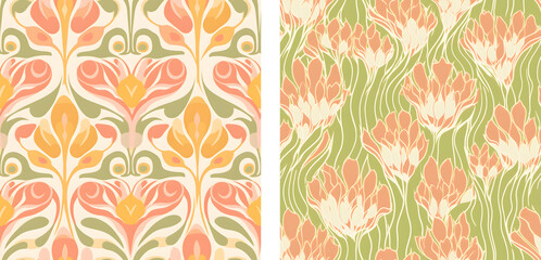 A set for printing seamless patterns depicting flowers in retro style and soft colors. Pastel colors, abstraction. Design for print, poster, banner, textile. 