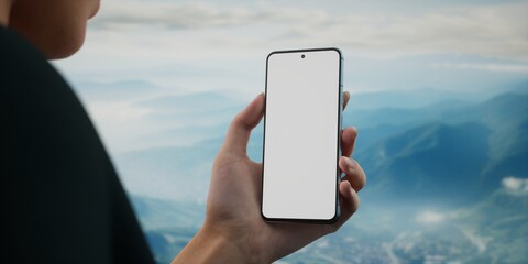 CU Caucasian womanusing her phone during hiking trip, daytime, screen mockup