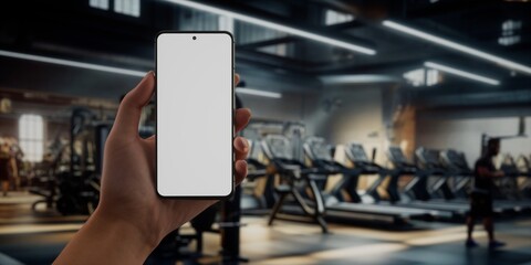 CU Caucasian woman using phone in a gym, coaching training sports app mockup