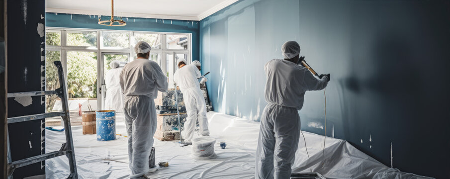 Construction workers paint walls and install ceiling.