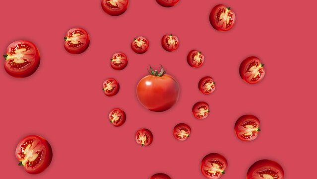 Stop motion Cut and whole Tomato appear and disappear on pasatel background. High quality video 4K. Detailed stop motion video. Background or wallpaper in food and drinks videos.