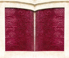 Vivid red brick wall with two rows of symmetrical square windows, illuminated by natural light