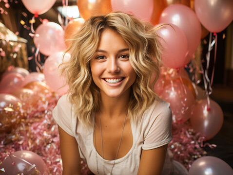 blonde woman with pink balloons having fun at a party