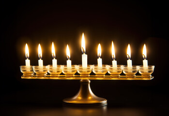 Jewish religious holiday Hanukkah with holiday Hanukkah (traditional candelabra), on dark background