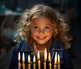 Jewish holiday Hanukkah with cute girl looking at menorah (traditional candelabra) and burning candles, waiting for a miracle