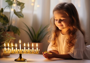 Jewish holiday Hanukkah with cute girl looking at menorah (traditional candelabra) and burning candles, waiting for a miracle