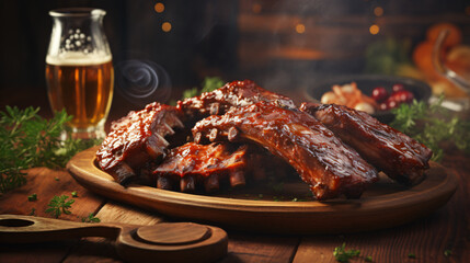 pork ribs on a wood plate soda condiemnts on a table blurred background, food, meat, meal, beef, sauce, pork, plate, grilled, dinner, cuisine, dish, steak, delicious, roasted, baked, barbecue, gourmet - obrazy, fototapety, plakaty
