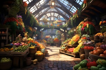A vibrant marketplace filled with colorful produce.

