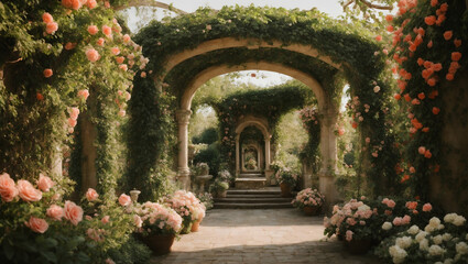Fototapeta na wymiar A secret garden hidden behind a vine-covered archway, filled with blooming flowers and whimsical sculptures.