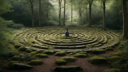 A stone labyrinth set within a forest clearing, providing a contemplative and meditative experience.